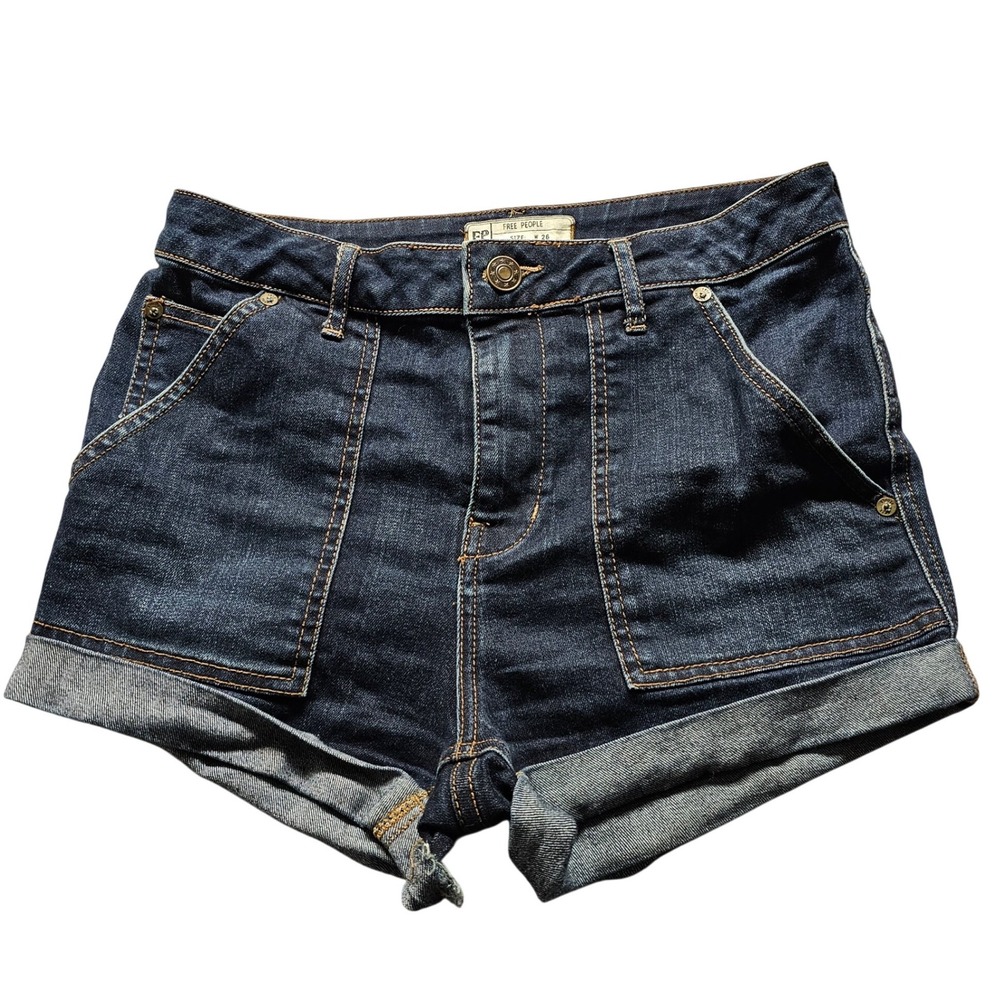 Free People Denim Shorts Womens 26 Blue Dark Wash Cuffed Patch Pocket Utility